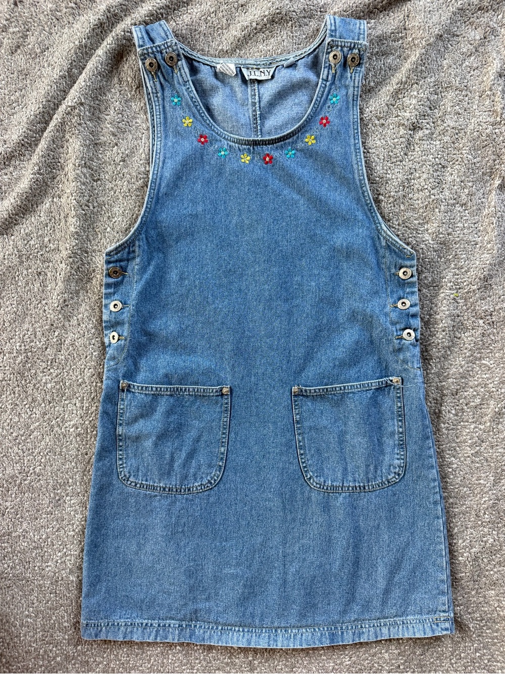 J.L.N.Y Blue Denim Pinafore Dress with Multicolor Floral Embroidery